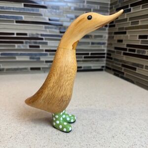 DCUK Spotty Boots Duckling GREEN 8.5" Hand Carved Wooden Duck Statue Bamboo Root